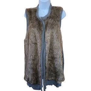 Ny Collection Faux Fur & Knit Vest Gray/Brown XL mob wife bonfire glam